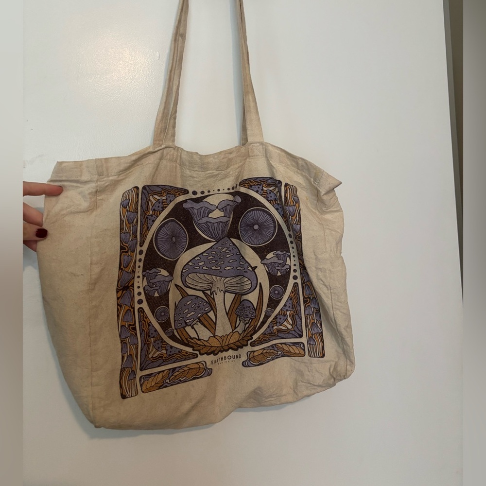 EARTHBOUND Beige Tote with Purple Mushroom Design